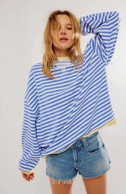 Women's Oversized Sweatshirt - Boxy Striped Cotton Casual