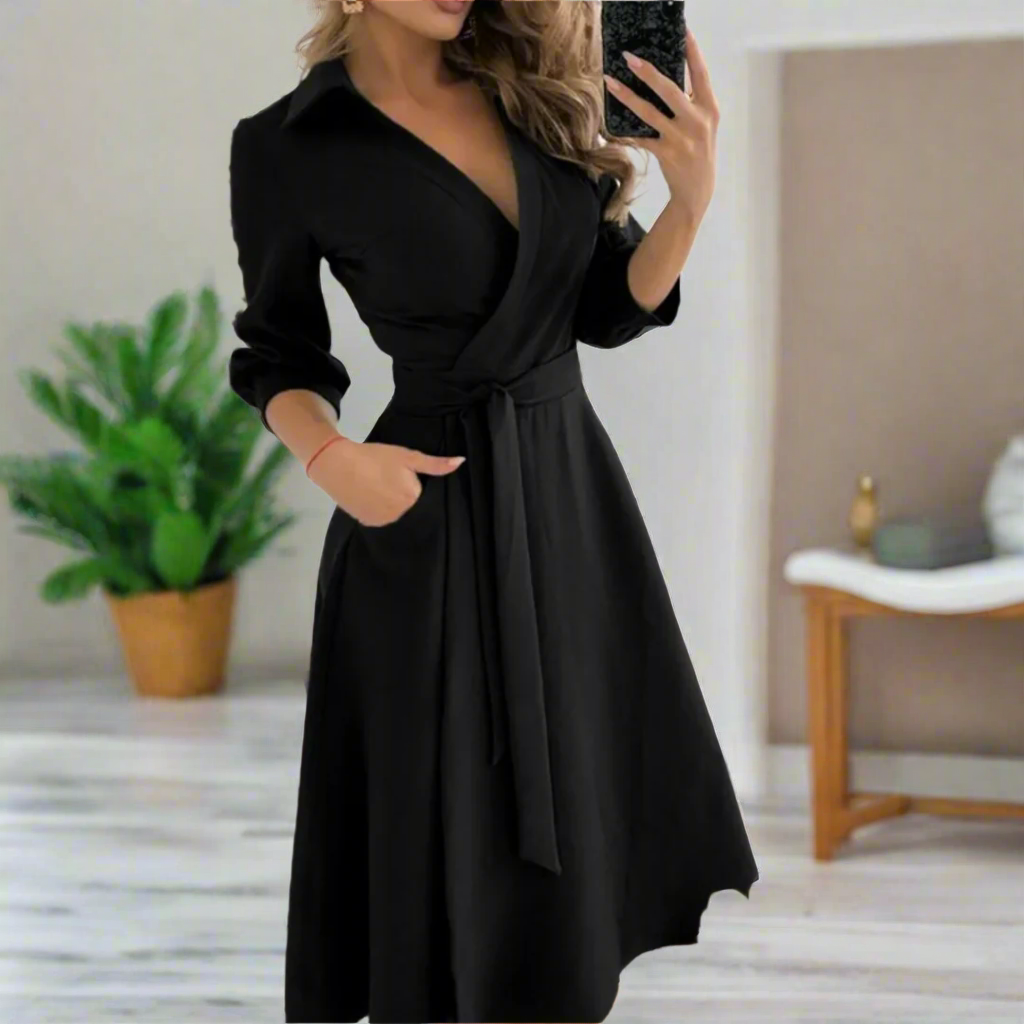 Elegant Midi Dress for Women with Deep V-Neck, Flattering Fit, and Versatile Style for Any Occasion-2