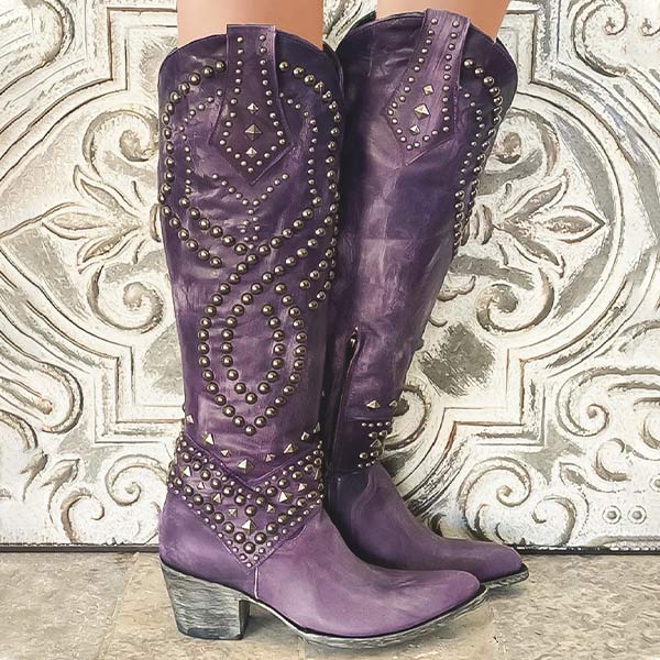 Women's Supportive Knee-High Boots - Studded Leather