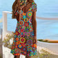 Colorful Abstract Print Womens Dress, V-Neck Knee-Length Short Sleeve Summer Dress in Cotton-Polyester Blend-2