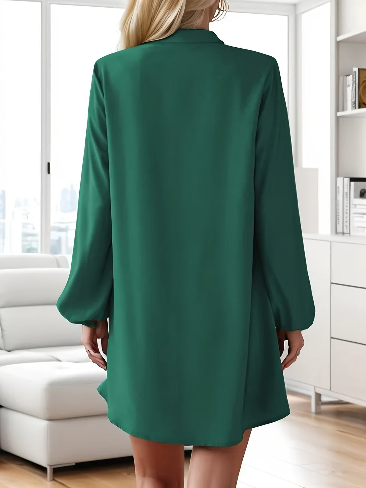 Airy Casual V-Neck Long Sleeve Dress for Women, Loose Fit Summer Midi Dress in Multiple Colors-6