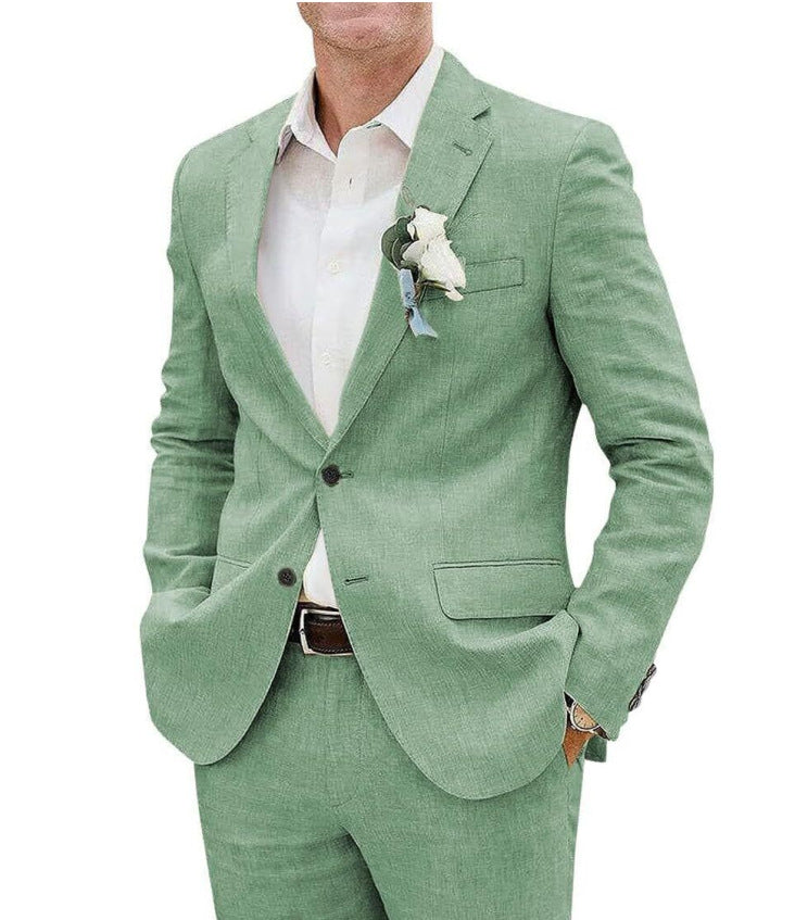 Light men's two-piece suit - slim fit, linen blend, for business banquets and events