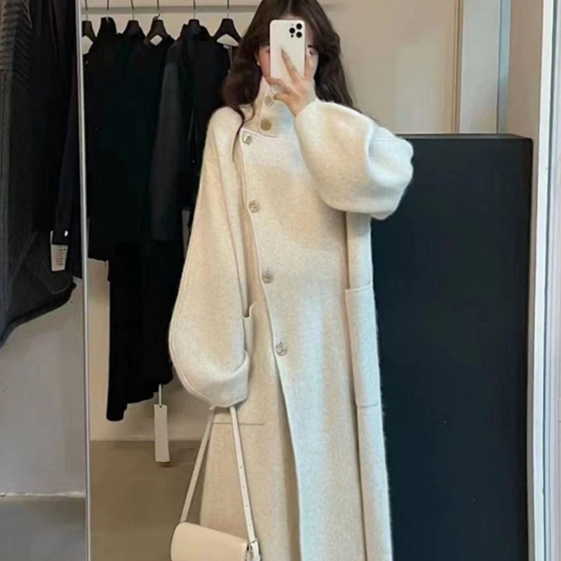 Cozy Warm Womens Wool Midlength Overcoat - Turtleneck Knit