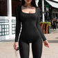 Long Sleeve Square Neck, Ribbed Nylon-Spandex, Seamless Yoga Athleisure – Stretchy Flattering Women’s Jumpsuit
