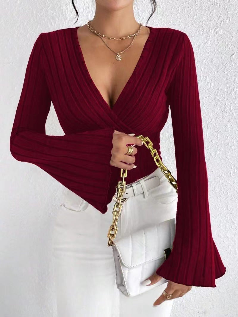 Women’s Stretchy Long Sleeve Top - V Neck, Ribbed Knit