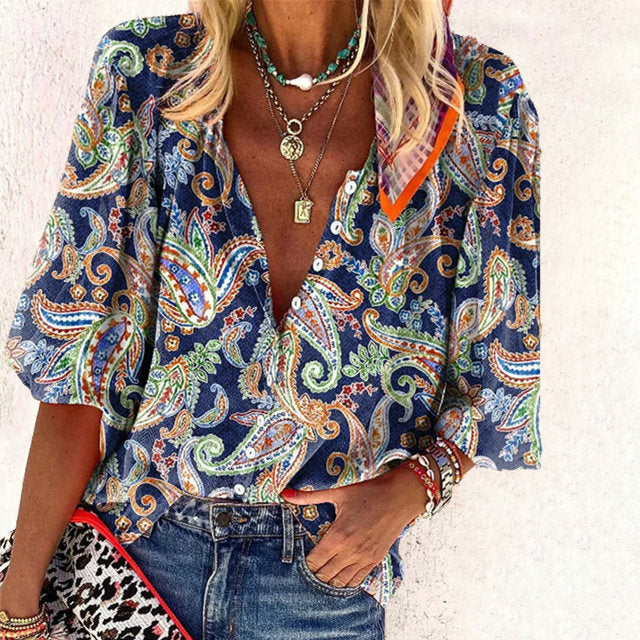 Vintage Ethnic Print Summer Top for Women, V-Neck Half Sleeve Blouse, Cotton-Polyester Blend-1
