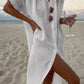 White Linen Summer Dress with Fold-Over Collar and Relaxed Fit for Women-2