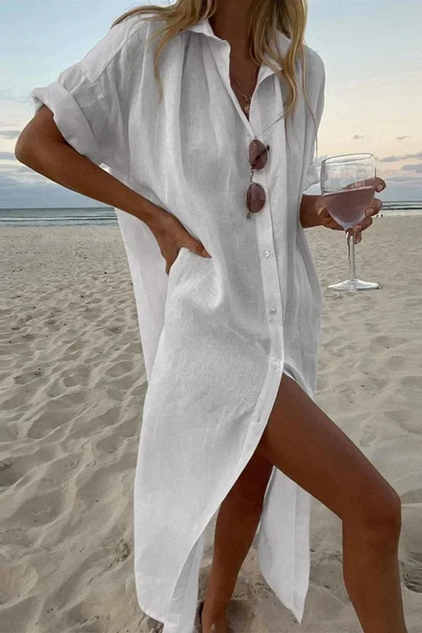 White Linen Summer Dress with Fold-Over Collar and Relaxed Fit for Women-2