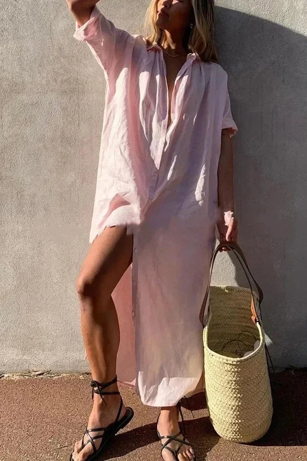 White Linen Summer Dress with Fold-Over Collar and Relaxed Fit for Women-1