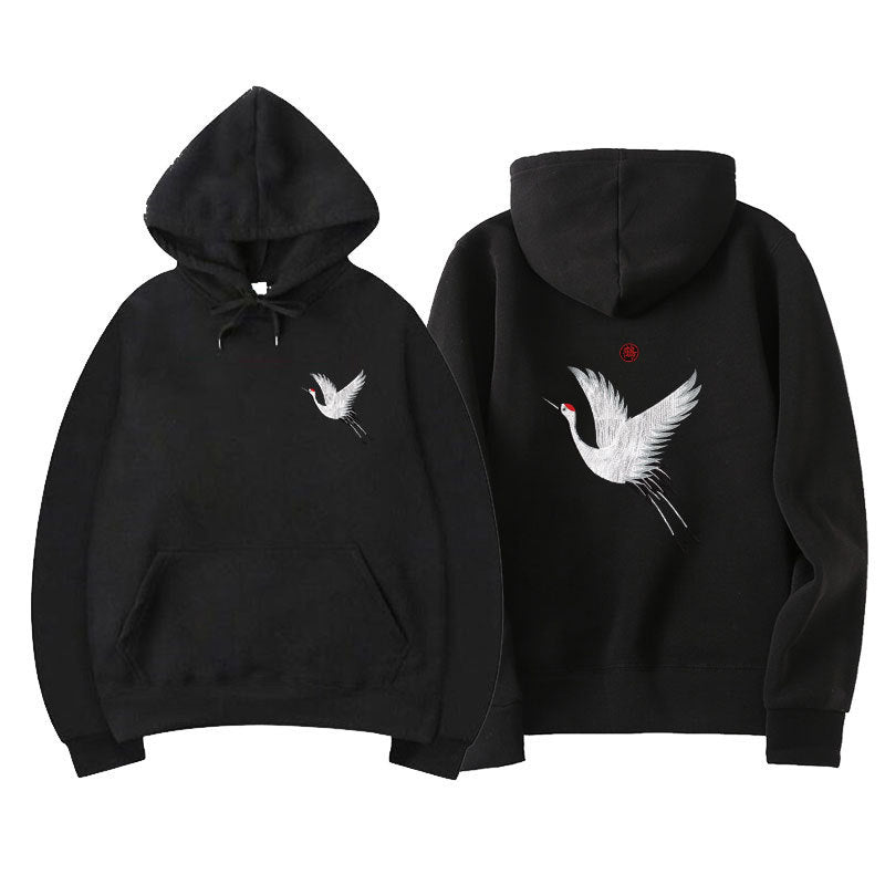 relaxed Oversized hoodie - embroidered crane, cotton blend