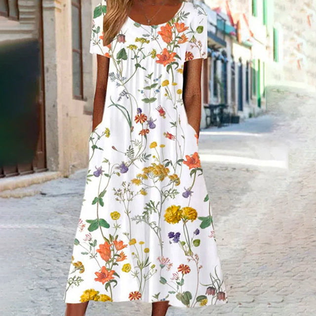 Elegant Floral Print Summer Dress, Short Sleeves, Round Neckline, Comfortable Cotton-Polyester Blend, Calf Length-2