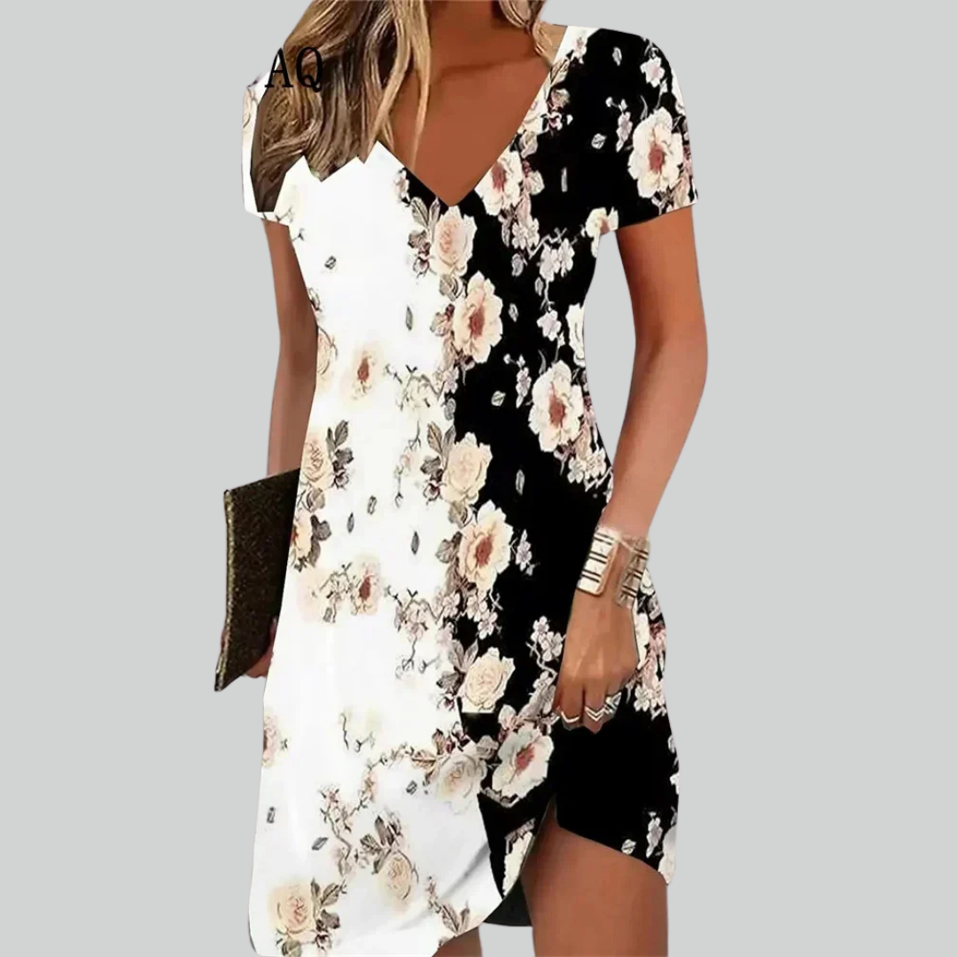 Women Retro Dresses Ethnic Floral Print Midi Dress Plus Size Short Sleeve V-Neck