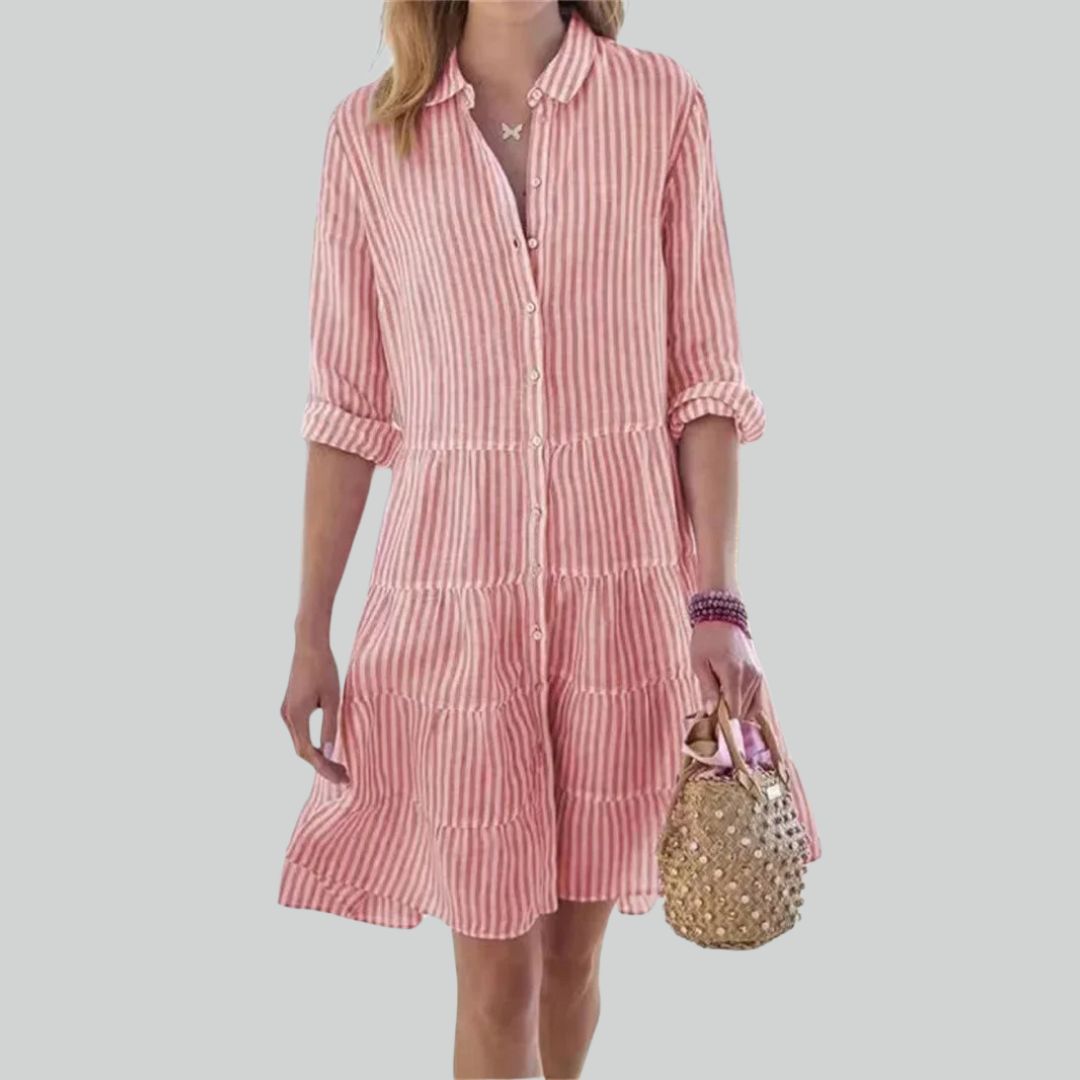 Striped Women Print Long Sleeve Mini Dress, Commuter Lapel A-Line Shirt Dress