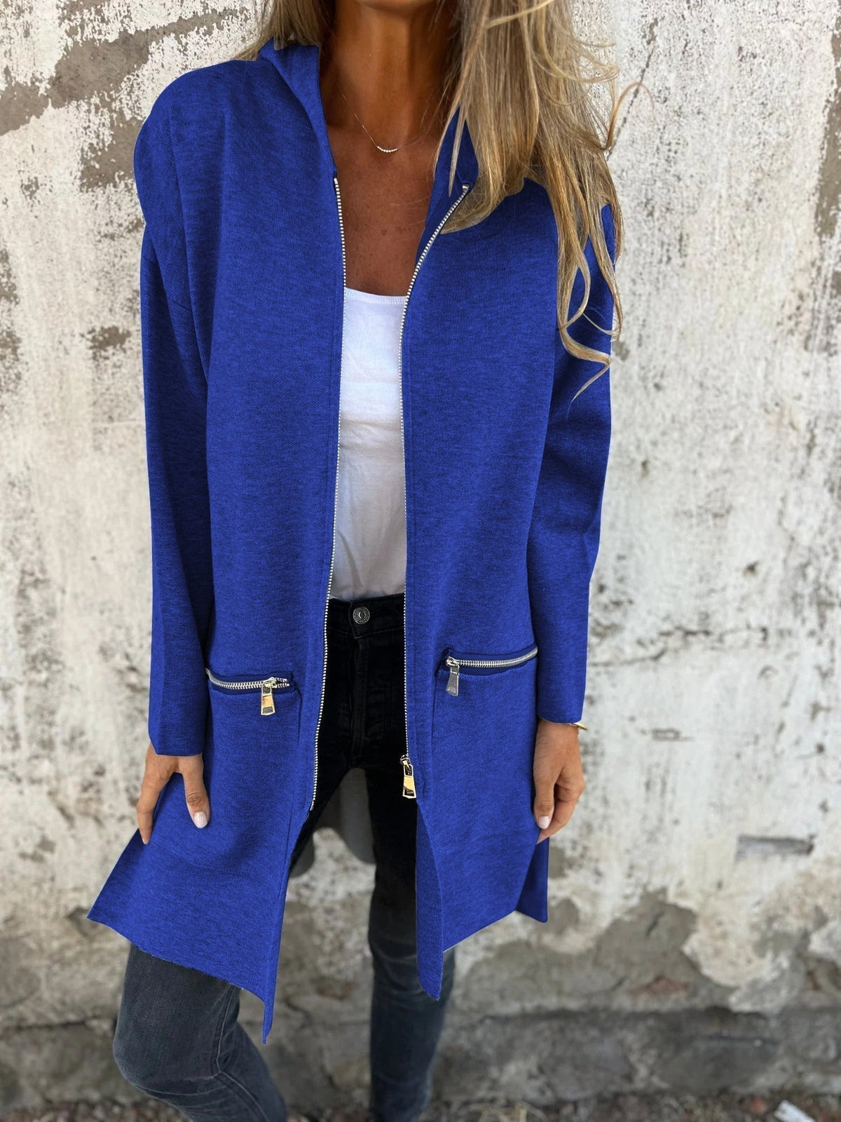 Light Womens Long Hoodie - Fitted Zip Cotton Layering