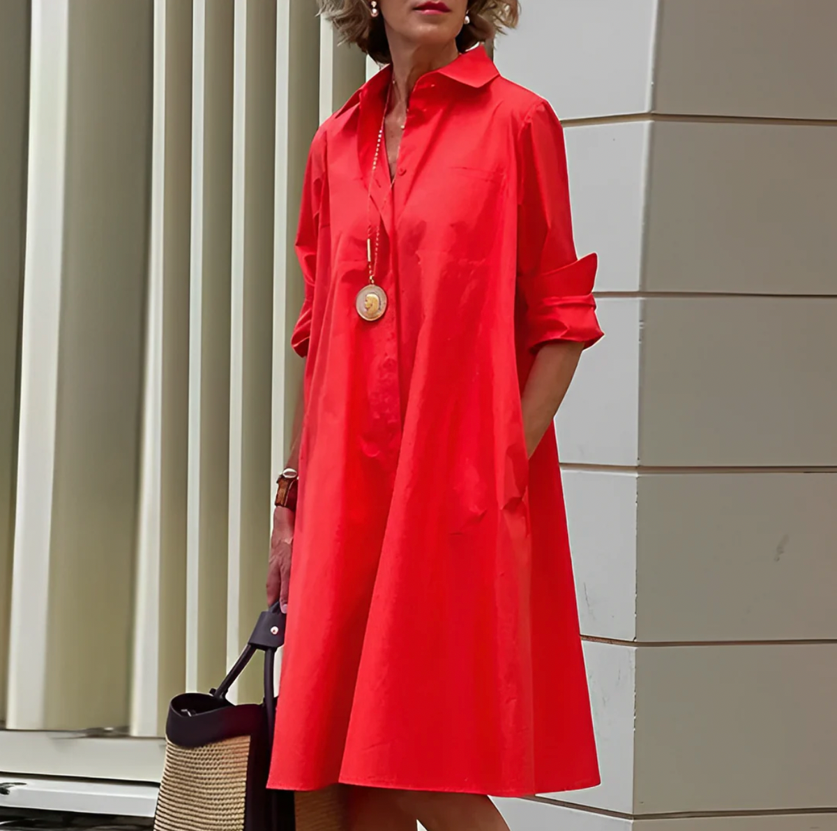 A-Line Polo Dress for Women with 3/4 Sleeves, Lightweight Spring Dress in Red, Black, and White-1