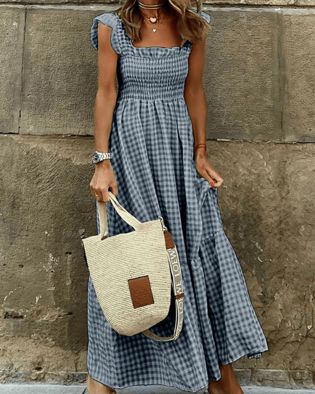 Maxi Summer Dress for Women with Elastic Top and Retro Caroma Pattern, Breathable Cotton, Perfect for Beach and City Outings-1