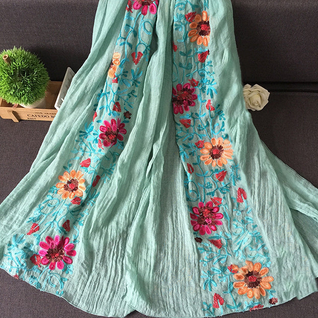 Light Flowy Women Scarf - Embroidered Floral, Cotton
