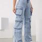 High-Waist Cargo Trousers for Women in Medium Blue, Stretch Fabric, Straight-Leg Fit, Stylish Snowflake Design-5