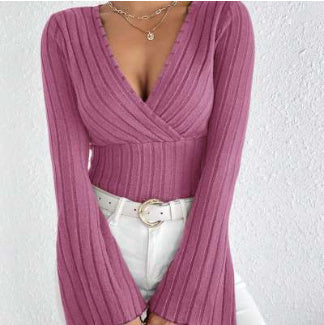 Women’s Stretchy Long Sleeve Top - V Neck, Ribbed Knit