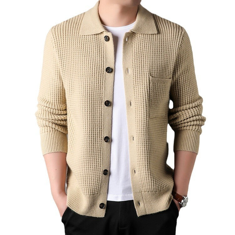 Textured Warm Men's Cardigan - Polo Lapel, Knit For Autumn