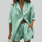 Fashion Solid Shirt Household Suits Casual Short Sleeve Tops & Drawstring Shorts Kit for Women