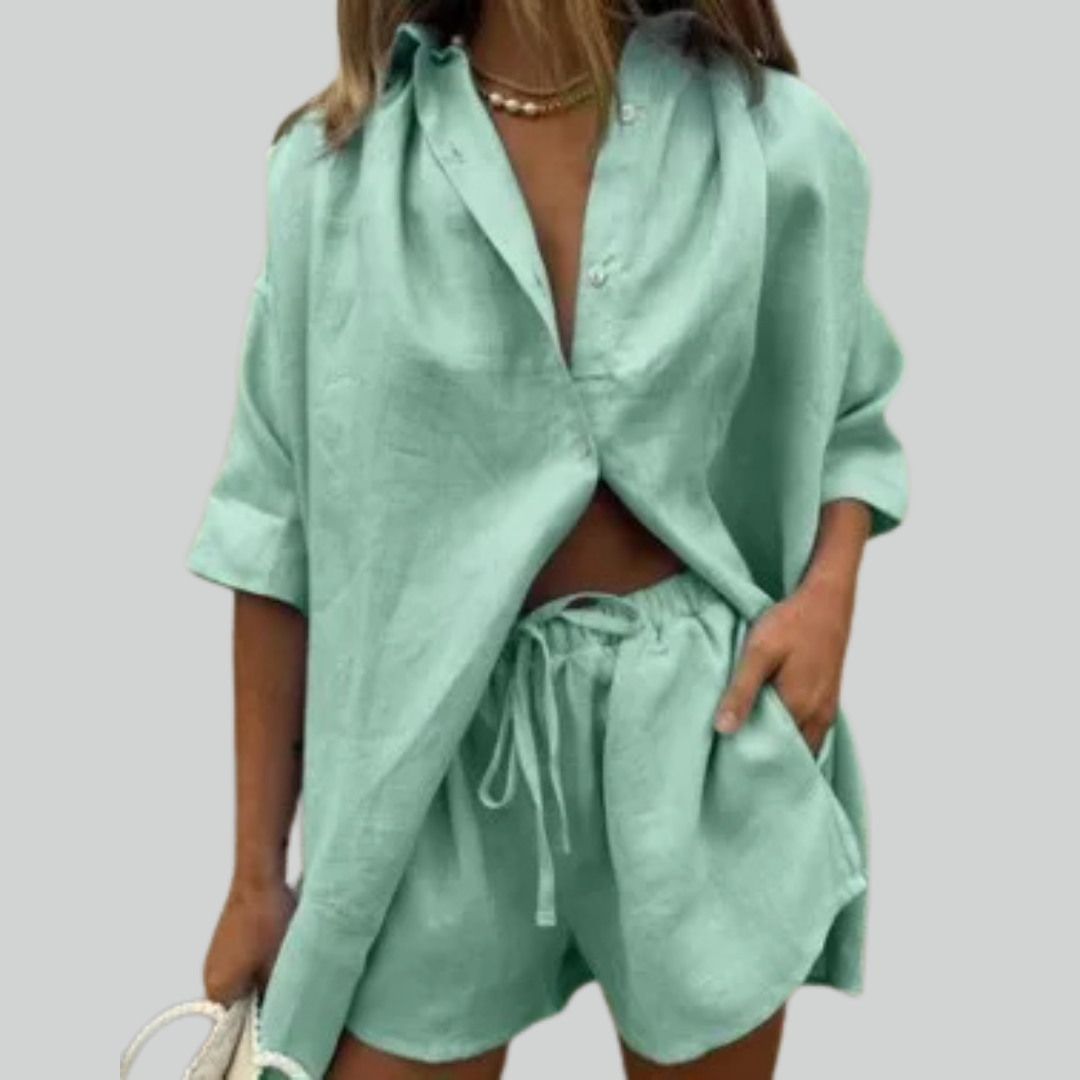 Fashion Solid Shirt Household Suits Casual Short Sleeve Tops & Drawstring Shorts Kit for Women