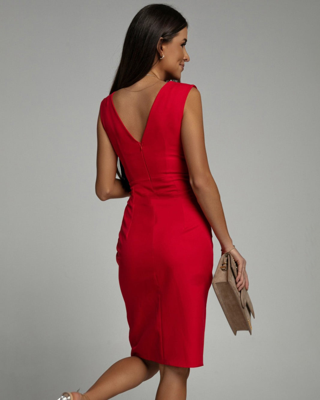 Elegant Women's V-Neck Cocktail Dress with Slit, Figure-Hugging Design for Formal Occasions, Available in Multiple Sizes-2