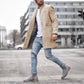 Men's Warm Midlength Coat - Standup Collar, Plaid Polyester