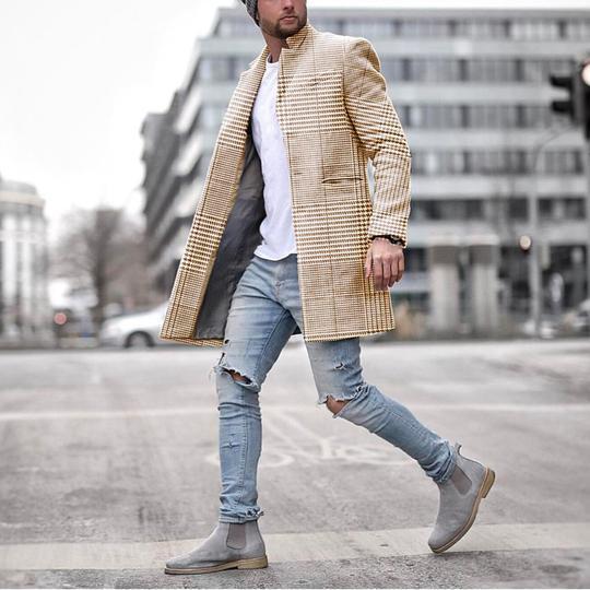 Men's Warm Midlength Coat - Standup Collar, Plaid Polyester