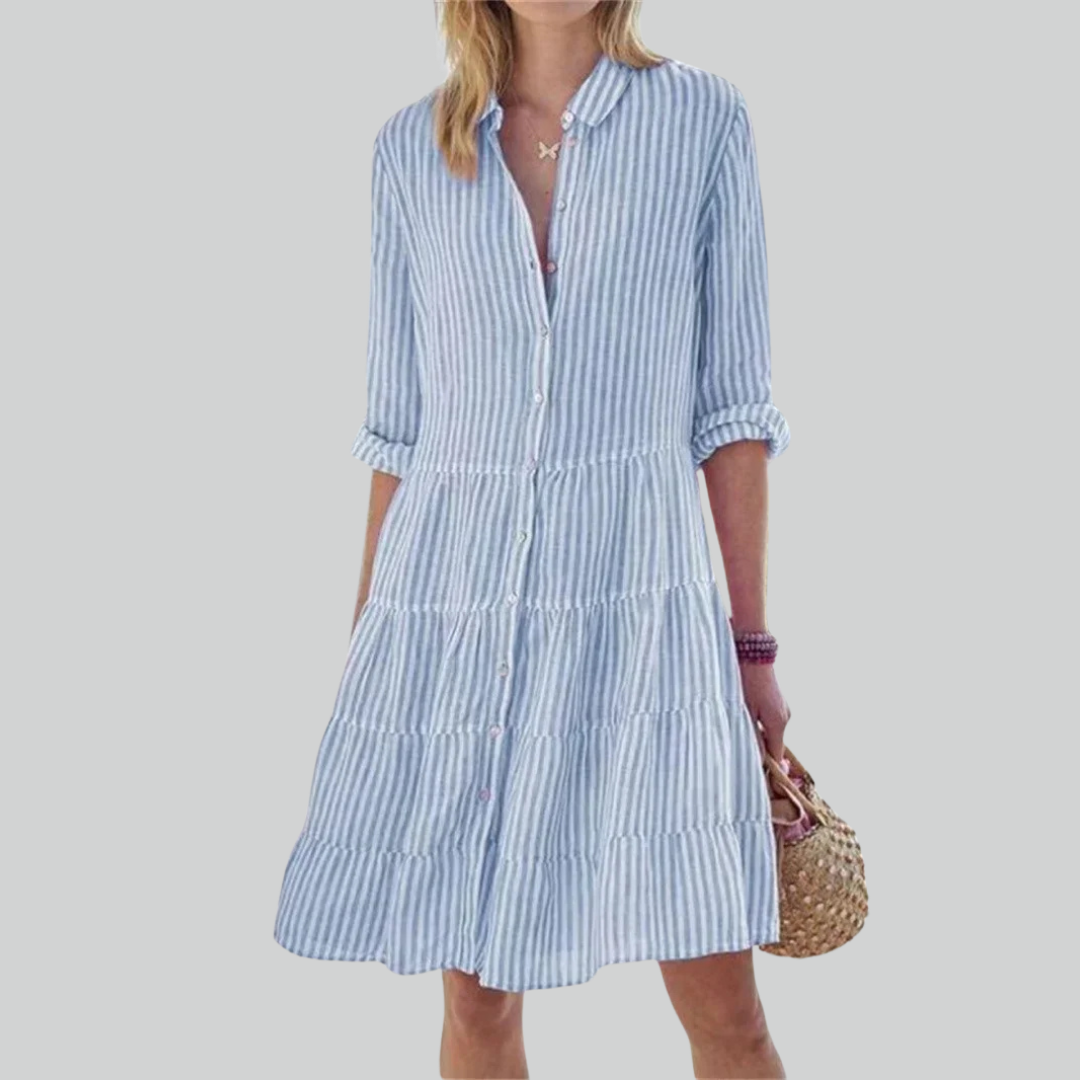 Striped Women Print Long Sleeve Mini Dress, Commuter Lapel A-Line Shirt Dress