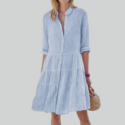 Striped Women Print Long Sleeve Mini Dress, Commuter Lapel A-Line Shirt Dress