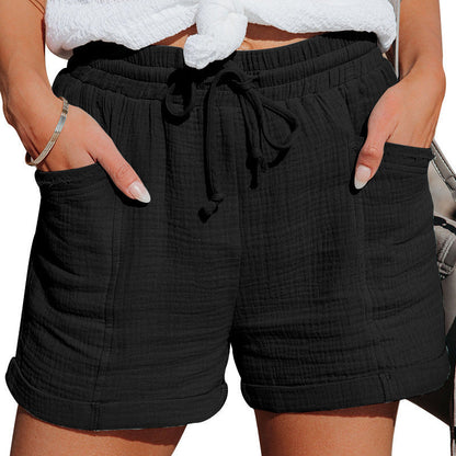 Cotton Summer Linen Shorts Women's High Waist Casual Pants with Pockets