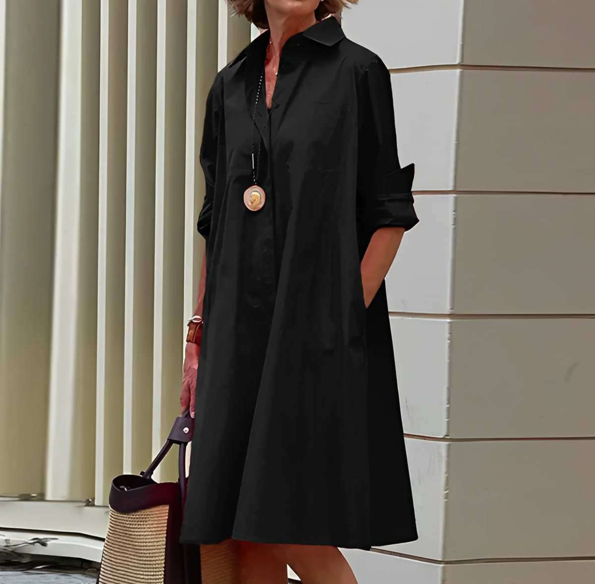 A-Line Polo Dress for Women with 3/4 Sleeves, Lightweight Spring Dress in Red, Black, and White-4