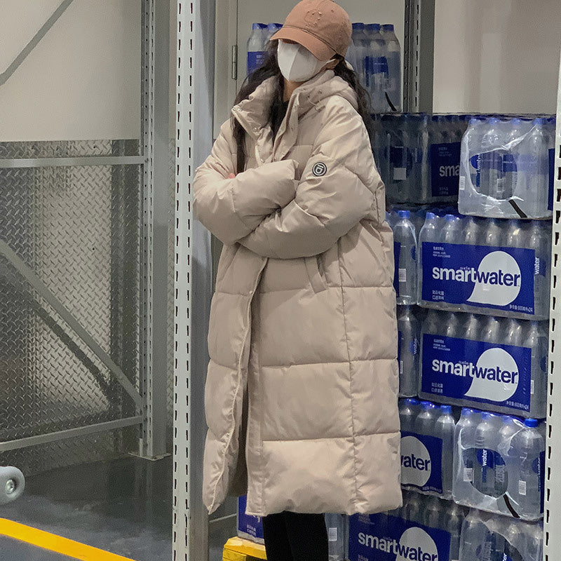 Women Insulating Long Puffer Coat - Relaxed Cotton Winter
