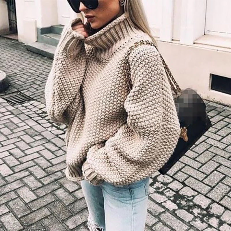 Women Oversized Turtleneck Sweater - Chunky Knit, Winter