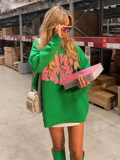 Oversized Women’s Pullover - Graphic Sleeve, Knit, Regular