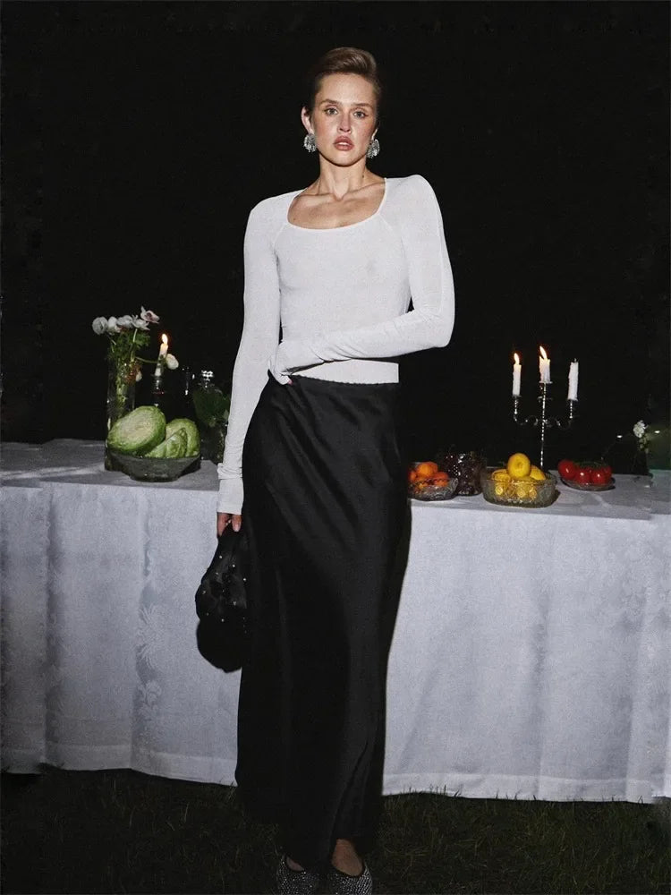 Elegant Black Maxi Skirt with Side Slit, Comfortable Long Skirt for Women, Versatile Design for Casual and Formal Wear-1