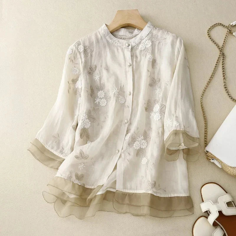 Elegant Women's Top with Embroidery, Breathable Cotton Blend Blouse in Various Colors and Sizes-4