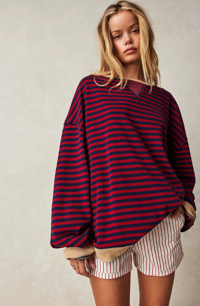Women's Oversized Sweatshirt - Boxy Striped Cotton Casual
