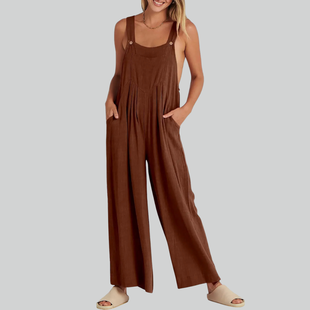 Size Plus Vintage Cotton Linen Wide Leg Overalls Jumpsuit with Pockets