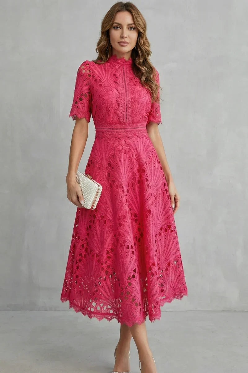 Plush Women's Dress - Lace, Cinched Waist, Short Sleeves, Timeless A-Line Silhouette, 100% Polyester, For Occasions