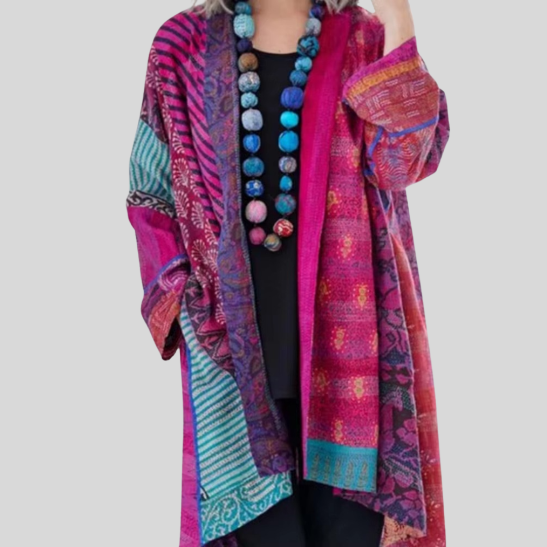 Cotton Vintage Linen Ethnic Print Cardigan - Large Size Long Sleeve Women's Sweater