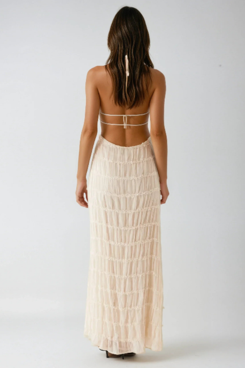 Ethereal Halter Maxi Dress in Soft Nude with Pleated Layers - Elegant Long Dress for Women, Full-Length Design-2