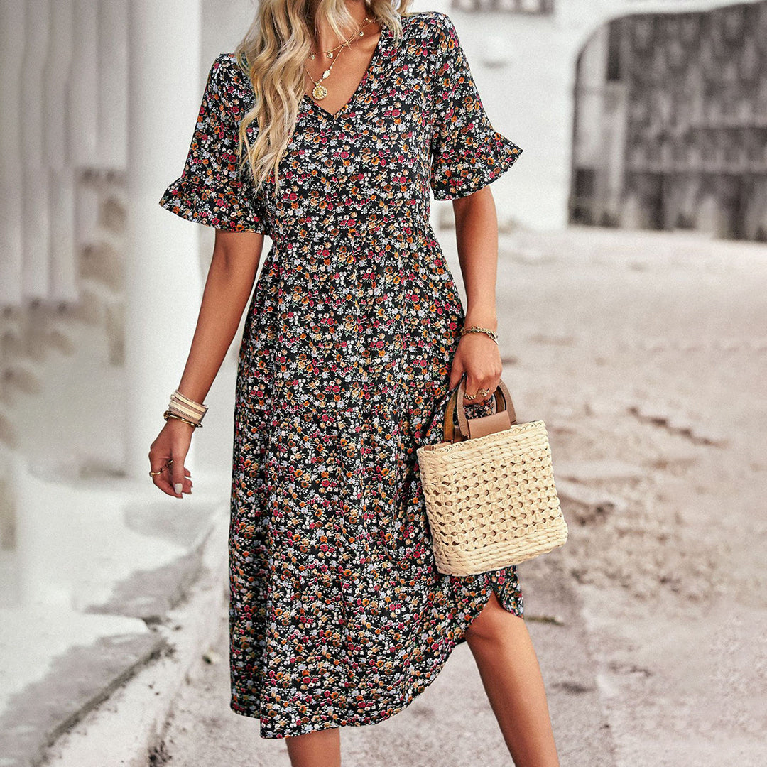 Variant image for Elegant Floral Print Midi Dress - Versatile Summer Wedding Guest Dress for Work and Social Occasions-5