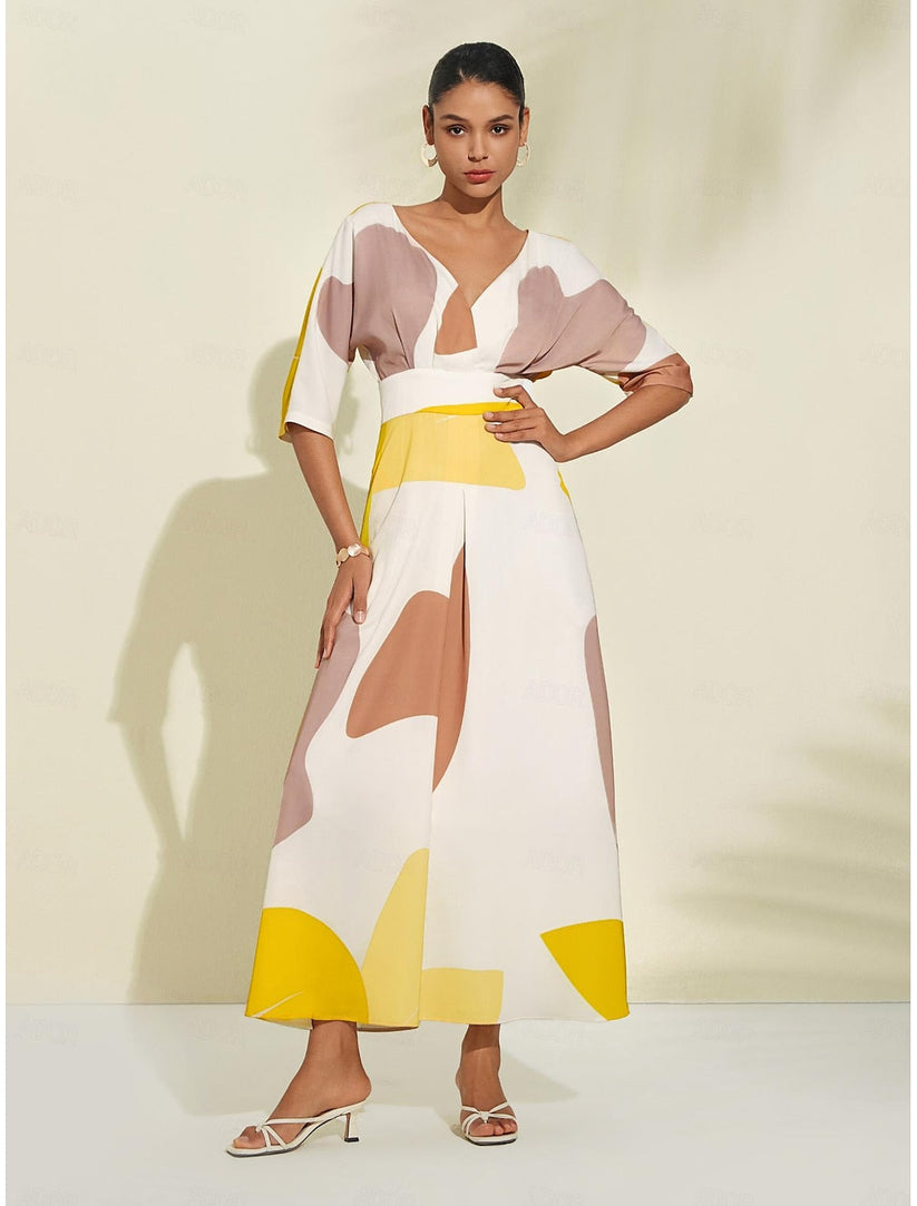 Elegant Long Summer Dress with Playful Neckline and Three-Quarter Sleeves - Lightweight Women���s Dress for Casual and Special Occasions-3