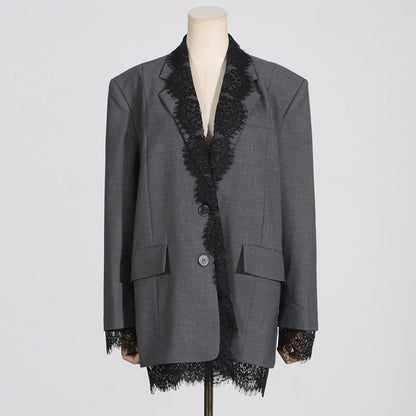 women's Structured blazer - lace-panel design, long-sleeve, polyester, for office-ready workwear