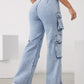 High-Waist Cargo Trousers for Women in Medium Blue, Stretch Fabric, Straight-Leg Fit, Stylish Snowflake Design-4