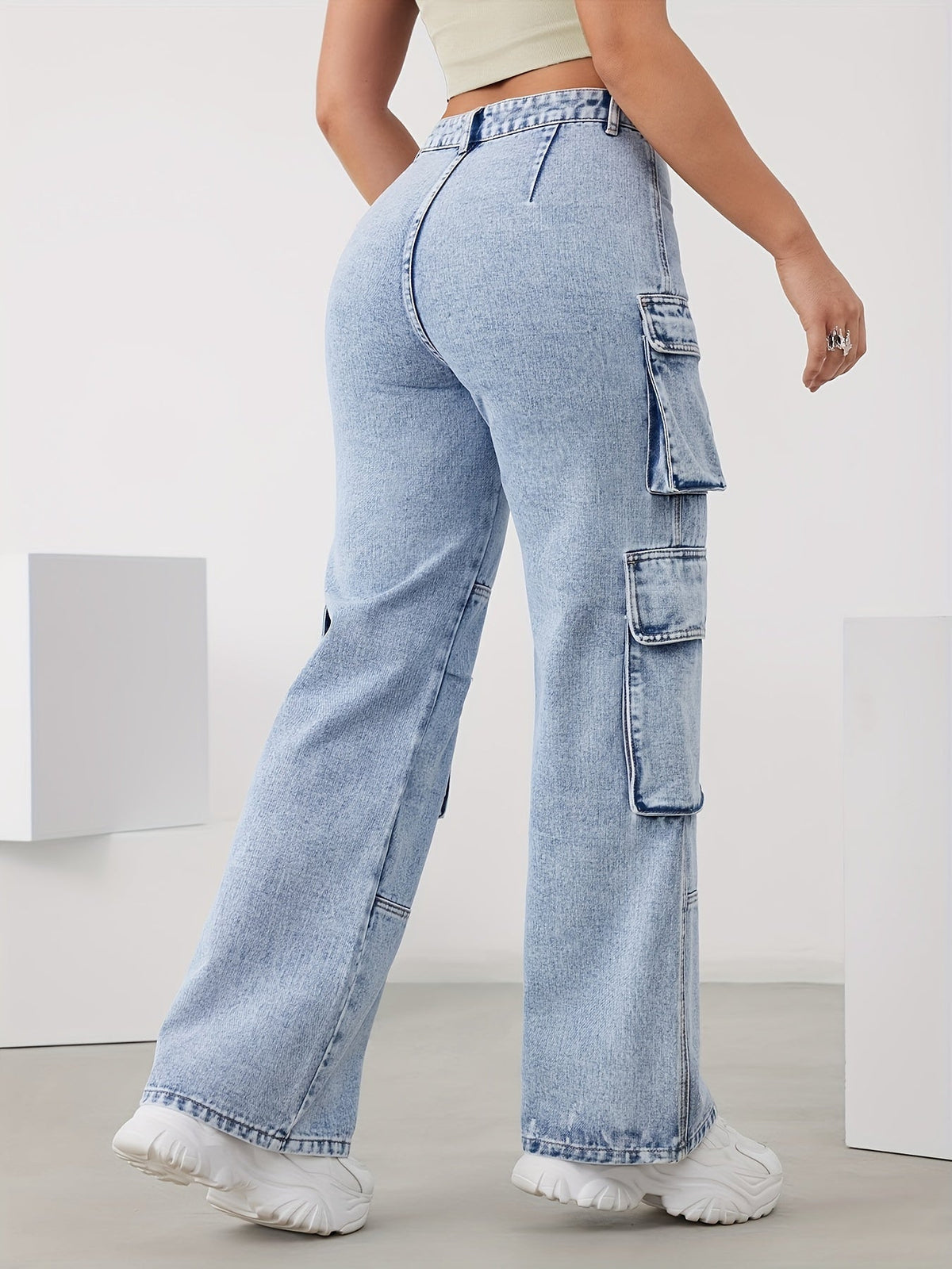 High-Waist Cargo Trousers for Women in Medium Blue, Stretch Fabric, Straight-Leg Fit, Stylish Snowflake Design-4