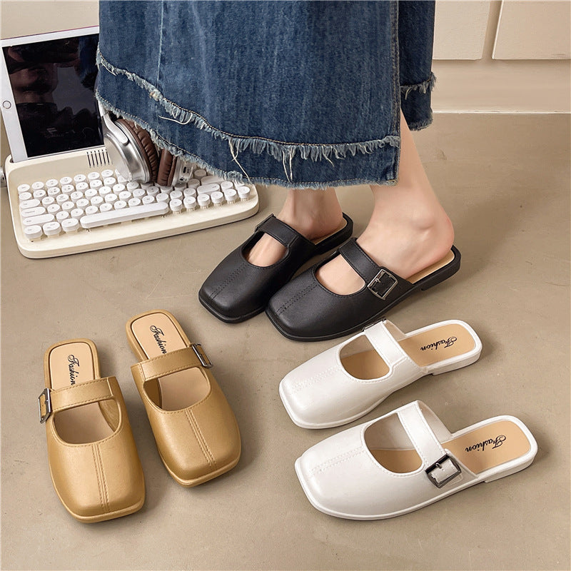 French-style vintage closed-toe flat, PVC, everyday wear – Plush women's slippers