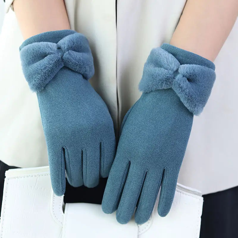 Women Warm Gloves - Bow Cuff, Fleece Lined, For Winter